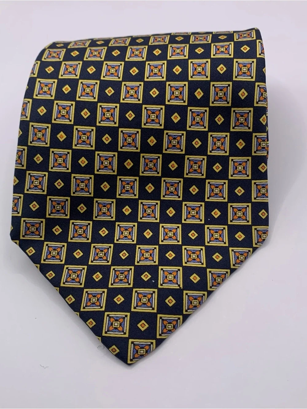Brittany House London Black and Yellow Diamond-Pattern Silk Tie business formal
